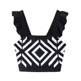 Black & White Patterned Slim Fit Ruffle Sleeve Crop Tank Top